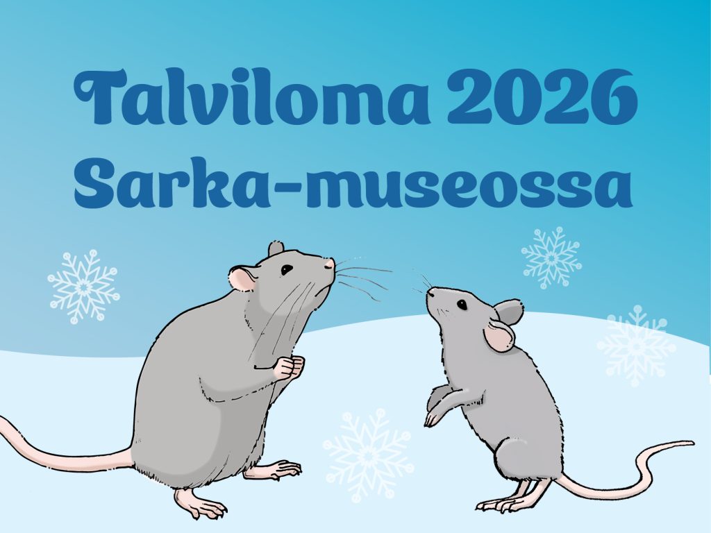 Talviloma 2026 Sarka-museossa, piirroskuvassa kaksi hiirtä lumessa