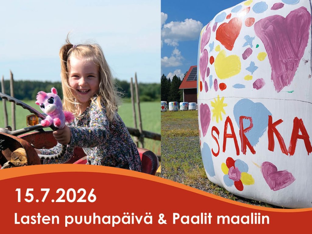 Lasten puuhapäivä ja Paalit maaliin 15.7.2026, lapsi traktorissa ja maalattu silppubaali